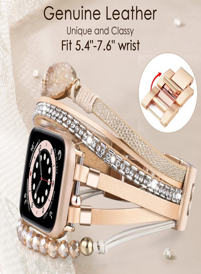 VISOOM Beaded Boho Bracelet Compatible for Apple Watch Band 40mm/38mm/41mm Series 10 9 8 7 SE Series 6/5/4 Women Leather Fashion Cute Handmade Multilayer Wrap Watch Strap for iWatch Bands 3/2/1 - Image 3