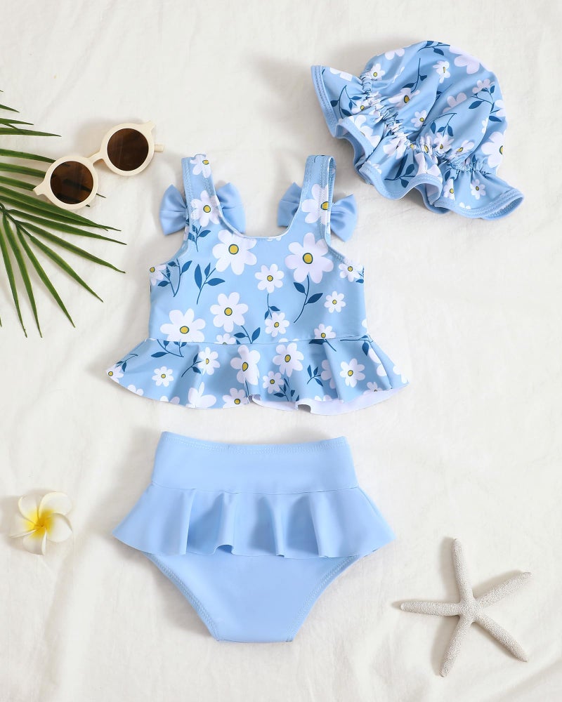 Mioglrie Toddler Girl Bathing Suit Baby Girl Swimsuit 18-24 Month Blue Dasiy Baby Girl's Bikini Summer Swimwear Beach Tankini Outfits Set - Image 3