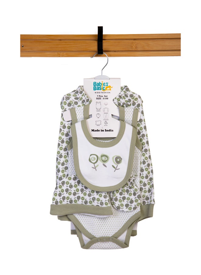 Babies Basic 7 Piece Unisex 100% Cotton Gift Set Include Bib, Blanket, Mitten, Cap, Romper, Top And Bottom Set, Green  - Image 1