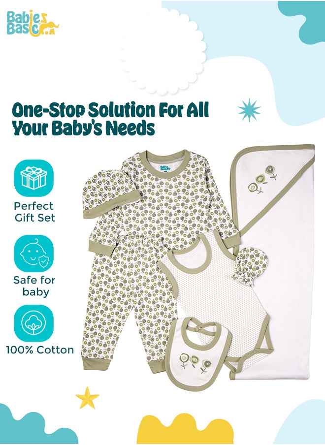 Babies Basic 7 Piece Unisex 100% Cotton Gift Set Include Bib, Blanket, Mitten, Cap, Romper, Top And Bottom Set, Green  - Image 2