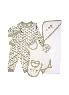 Babies Basic 7 Piece Unisex 100% Cotton Gift Set Include Bib, Blanket, Mitten, Cap, Romper, Top And Bottom Set, Green  - Image 4