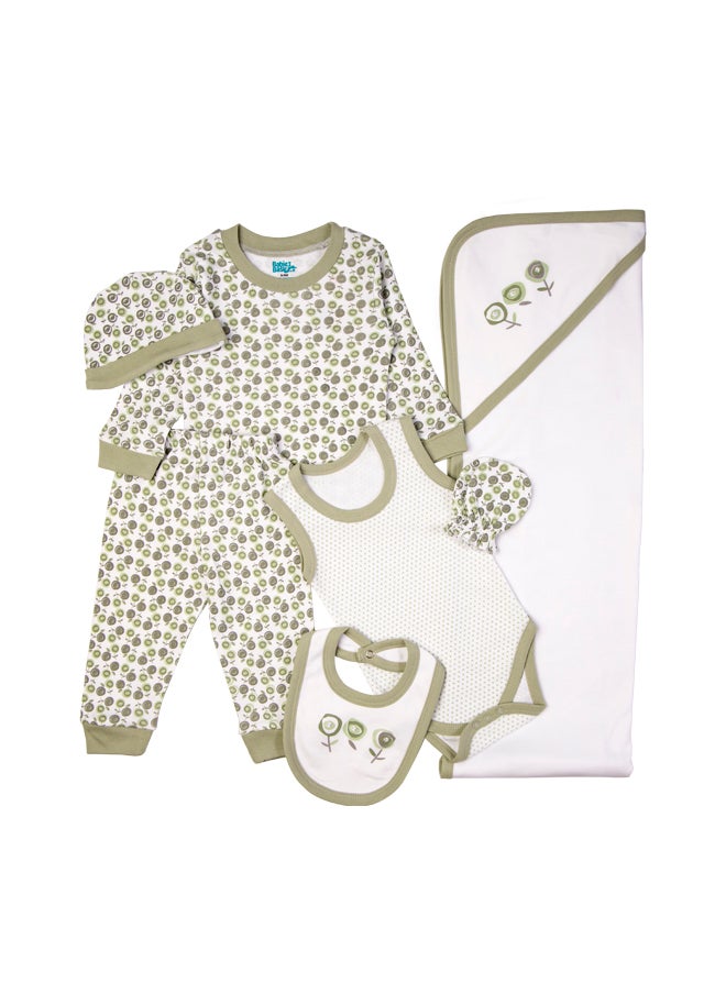 Babies Basic 7 Piece Unisex 100% Cotton Gift Set Include Bib, Blanket, Mitten, Cap, Romper, Top And Bottom Set, Green  - Image 4