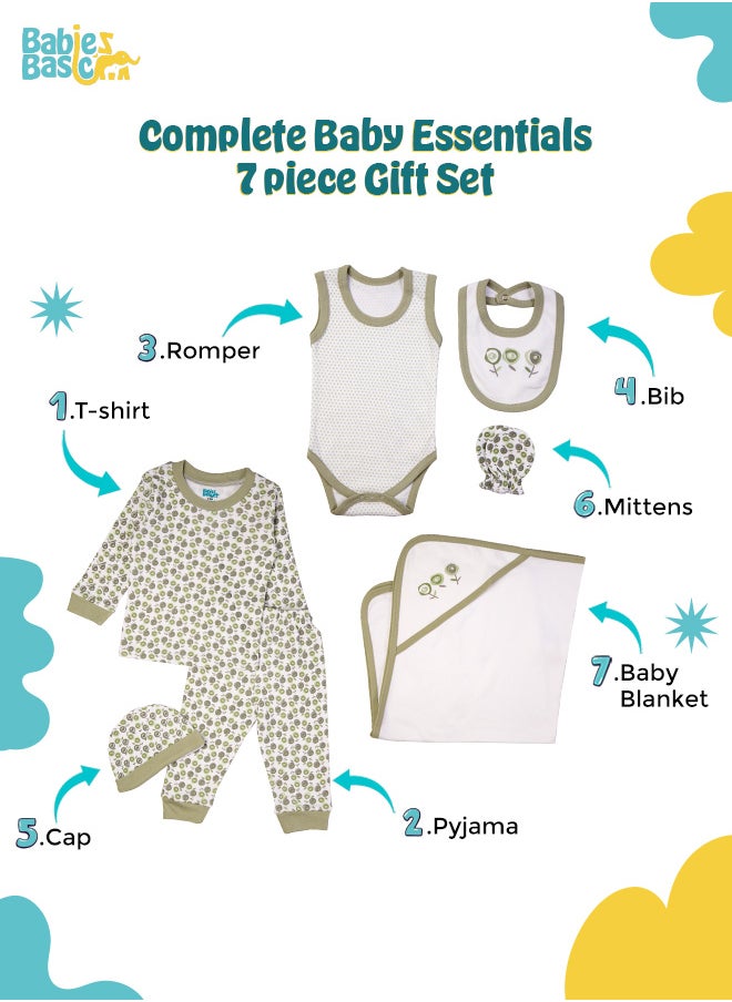 Babies Basic 7 Piece Unisex 100% Cotton Gift Set Include Bib, Blanket, Mitten, Cap, Romper, Top And Bottom Set, Green  - Image 3