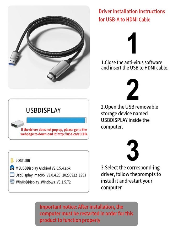 REBORN USB to HDMI Adapter Cable 6FT, 1080P@60Hz USB 3.0 to HDMI Multi-Display Cable Converter Suitable for Macos Windows 7/8/10/11 - Driver Installation is Required - Image 3