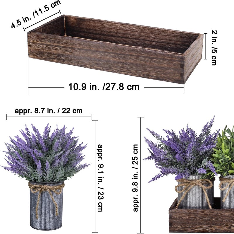 Winlyn Set of 3 Small Potted Plants Arrangement Artificial Lavender and Grass Plants in Rustic Galvanized Metal Pots with Decorative Wood Tray for Farmhouse Table Centerpiece Windowsill Indoor Greenery Decor - Image 3
