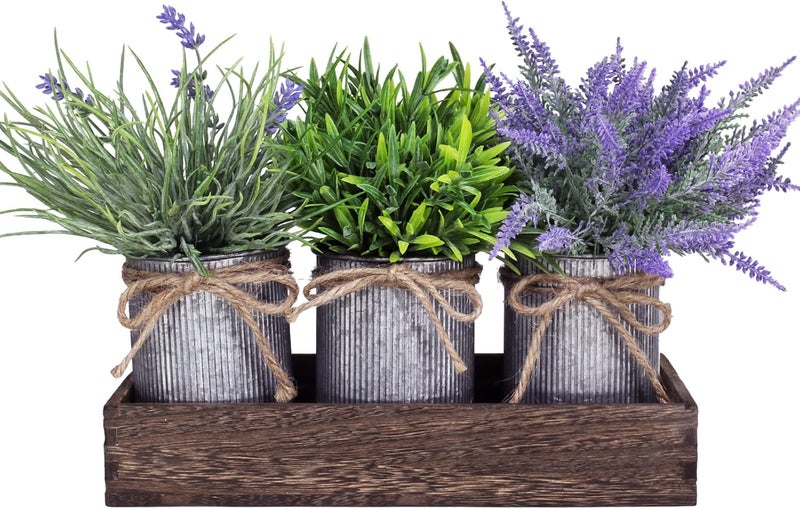 Winlyn Set of 3 Small Potted Plants Arrangement Artificial Lavender and Grass Plants in Rustic Galvanized Metal Pots with Decorative Wood Tray for Farmhouse Table Centerpiece Windowsill Indoor Greenery Decor - Image 2