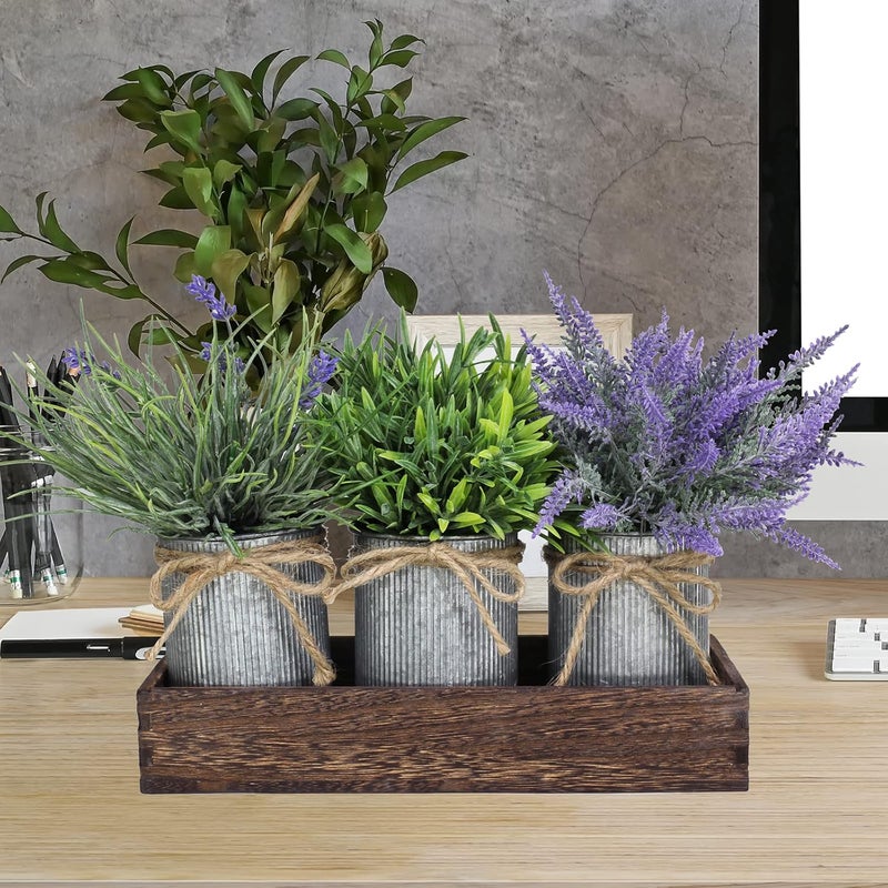 Winlyn Set of 3 Small Potted Plants Arrangement Artificial Lavender and Grass Plants in Rustic Galvanized Metal Pots with Decorative Wood Tray for Farmhouse Table Centerpiece Windowsill Indoor Greenery Decor - Image 5