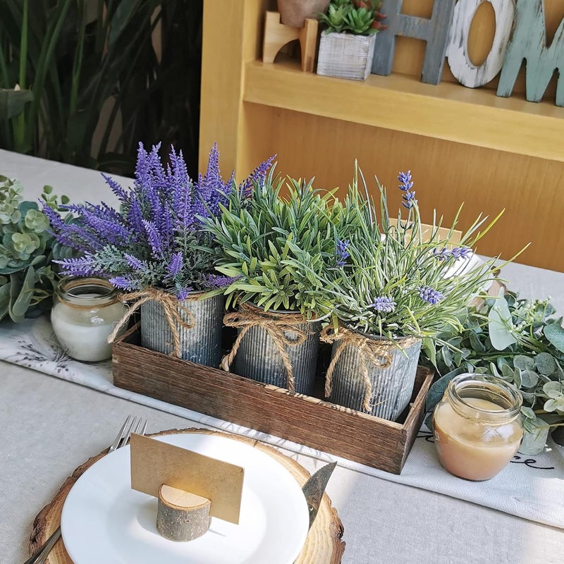 Winlyn Set of 3 Small Potted Plants Arrangement Artificial Lavender and Grass Plants in Rustic Galvanized Metal Pots with Decorative Wood Tray for Farmhouse Table Centerpiece Windowsill Indoor Greenery Decor - Image 4