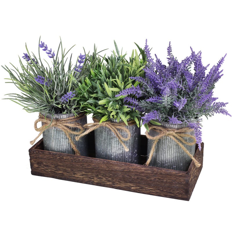 Winlyn Set of 3 Small Potted Plants Arrangement Artificial Lavender and Grass Plants in Rustic Galvanized Metal Pots with Decorative Wood Tray for Farmhouse Table Centerpiece Windowsill Indoor Greenery Decor - Image 1