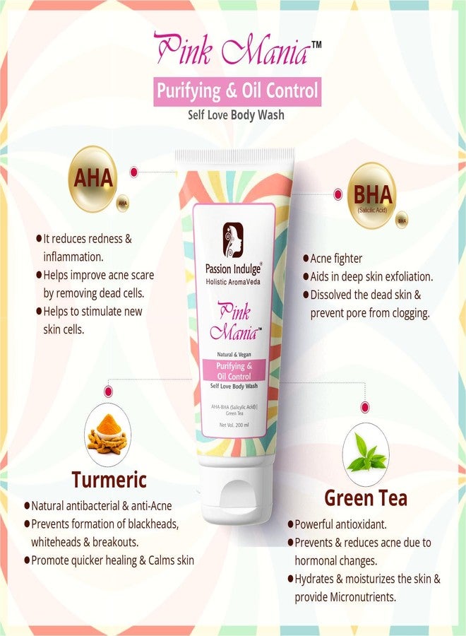 Passion Indulge AHA BHA Body Wash For Acne, Oily Skin | Pinkmania Skin Purifying & Oil Controlling Body Wash With Turmeric & Green Tea | Moisturizing Soft & Youthful skin | All Skin Type-200ml - Image 3