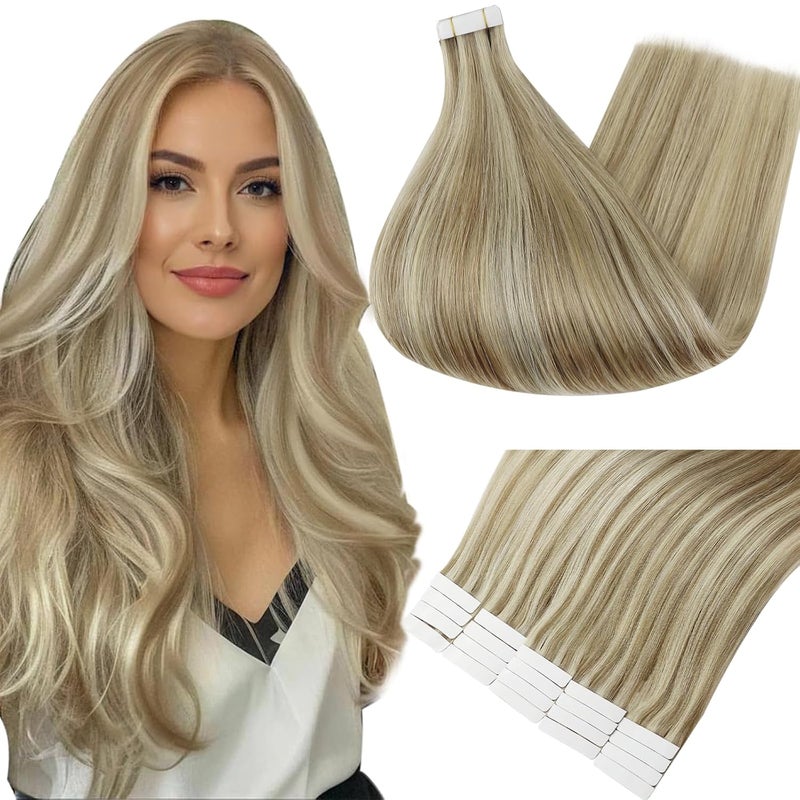 Full Shine Tape in Hair Extensions 16 Inch Invisible Tape in Hair 20Pcs Color 16 Highlighted 22 Blonde Full Head Tape on Hair Extensions Shine Soft and Silky Tape in Hair 50Grams Seamless Tape in Hair