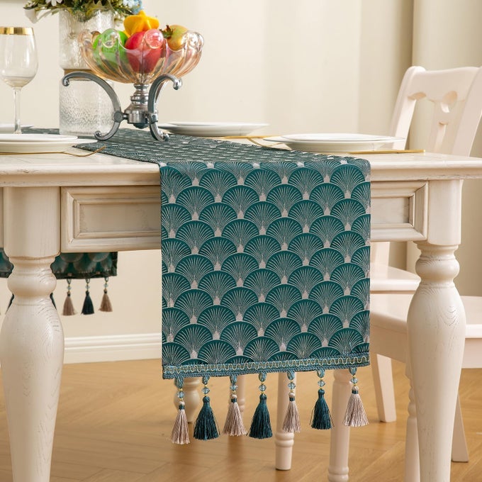 TABLE RUNNER VINTAGE LUXURY EMBROIDERED FLORAL JACQUARD DAMASK FABRIC WITH MULTITASSELS FOR LIVING ROOM DRESSER SCARFS TEAL 13X72INCH