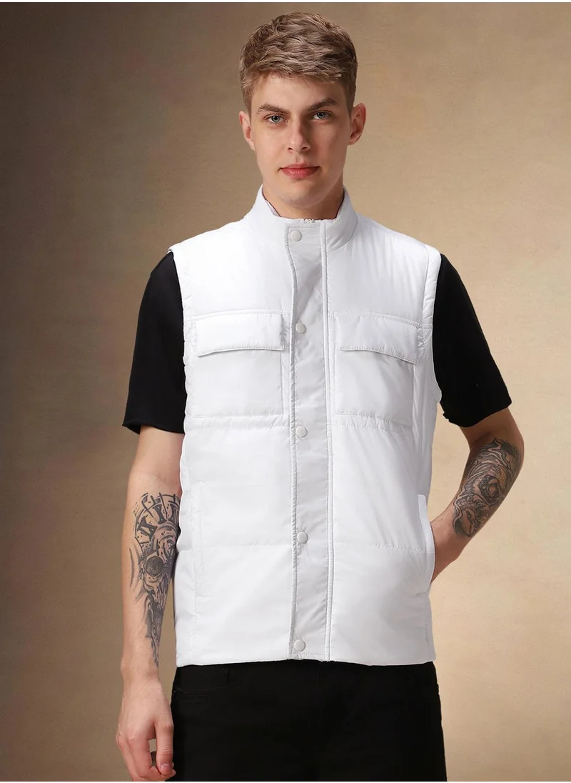 Dennis Lingo Men's White 100% Polyester Solid Regular Fit Jacket