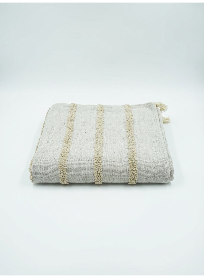 Ambrosia 130 x 160 cm Pure Cotton Montreal Beige Throw Blanket With Tassels Luxurious 400GSM Textured Boho Cover for Couch, Bed Runner, and Picnic Mat - Image 1