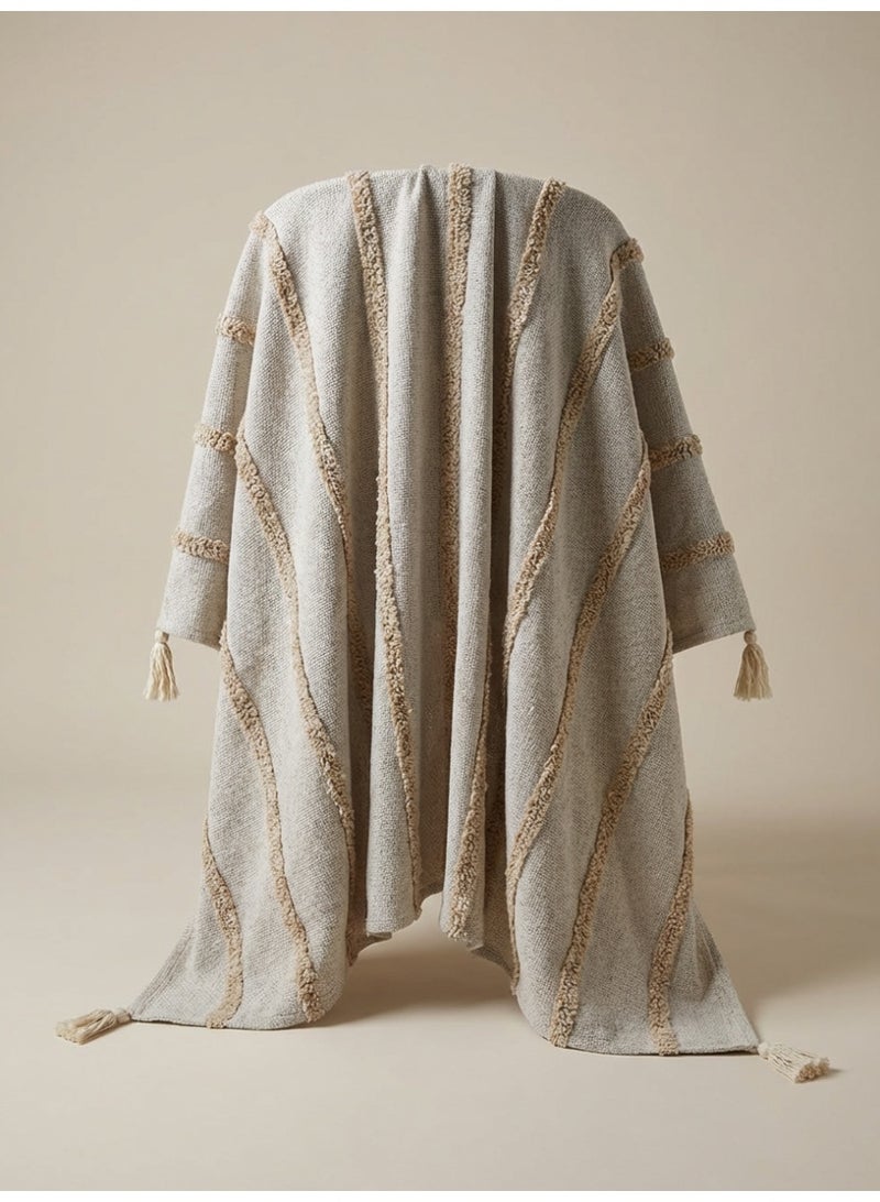 Ambrosia 130 x 160 cm Pure Cotton Montreal Beige Throw Blanket With Tassels Luxurious 400GSM Textured Boho Cover for Couch, Bed Runner, and Picnic Mat - Image 2