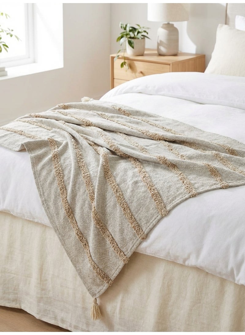 Ambrosia 130 x 160 cm Pure Cotton Montreal Beige Throw Blanket With Tassels Luxurious 400GSM Textured Boho Cover for Couch, Bed Runner, and Picnic Mat - Image 4