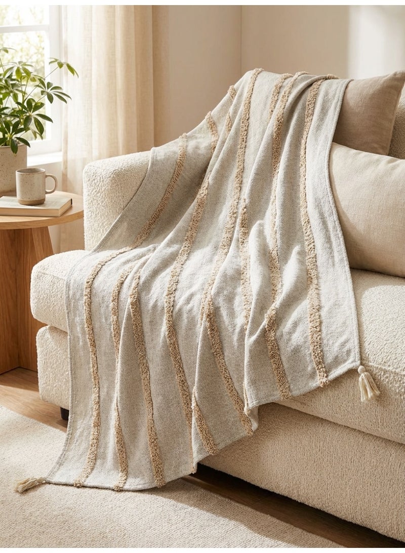 Ambrosia 130 x 160 cm Pure Cotton Montreal Beige Throw Blanket With Tassels Luxurious 400GSM Textured Boho Cover for Couch, Bed Runner, and Picnic Mat - Image 3