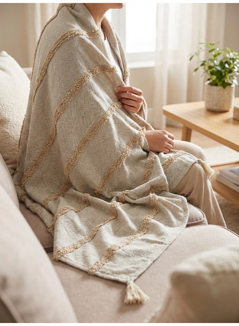 Ambrosia 130 x 160 cm Pure Cotton Montreal Beige Throw Blanket With Tassels Luxurious 400GSM Textured Boho Cover for Couch, Bed Runner, and Picnic Mat - Image 5
