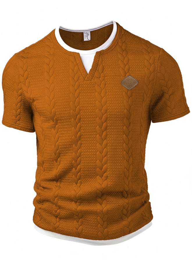 European And American Men's Textured Jacquard Fabric With Leather Logo Patch Logo Fake Two-piece Slim Fit Casual Short Sleeve T-shirt
