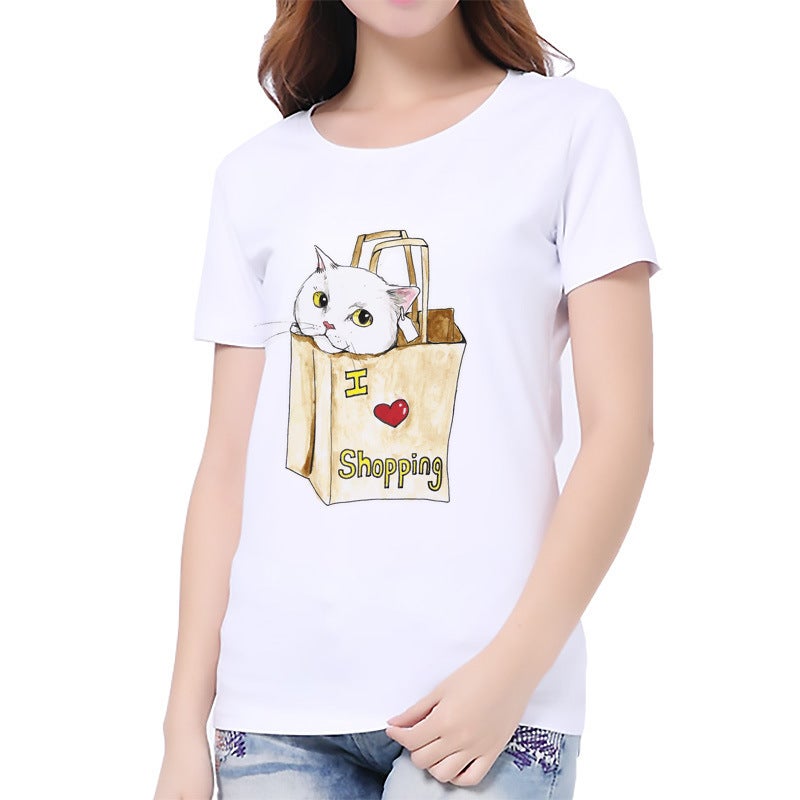 Cat dog printed white women's casual top bottoming shirt T-shirt - Image 4