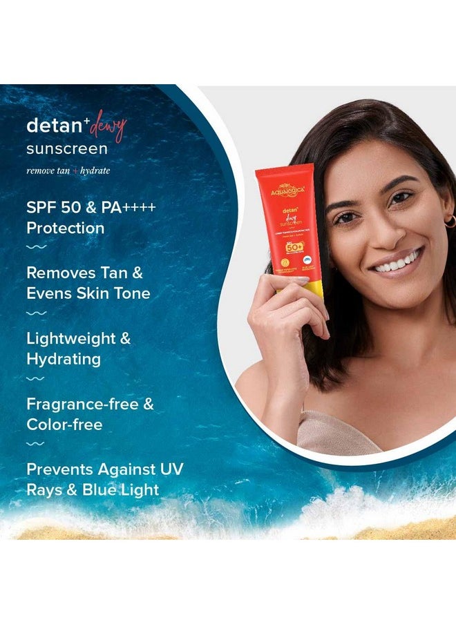 Aqualogica - Detan+ Dewy Sunscreen With Cherry Tomato & Hyaluronic Acid With Spf 50 & Pa++++ For Men & Women - For Normal, Dry & Combination Skin - 80G | Pack Of 2 - Image 1