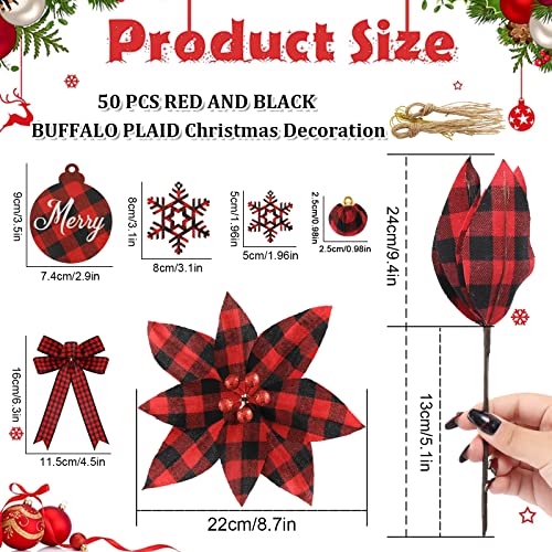 Whaline 50 Set Christmas Tree Buffalo Plaid Decoration Red Black Poinsettia Flowers Christmas Wood Ball Snowflake Hanging Ornaments Decorative Bows for Xmas Tree Holiday Ornaments - Image 3