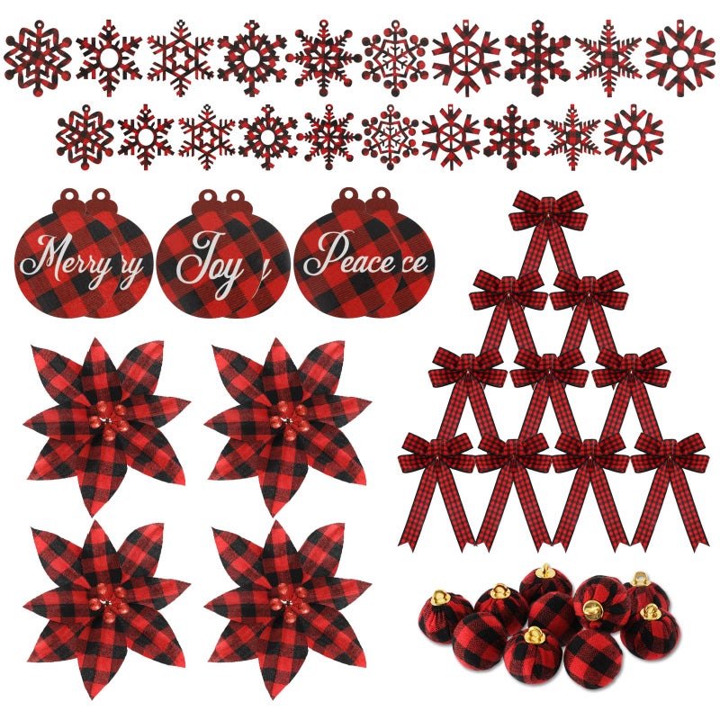 Whaline 50 Set Christmas Tree Buffalo Plaid Decoration Red Black Poinsettia Flowers Christmas Wood Ball Snowflake Hanging Ornaments Decorative Bows for Xmas Tree Holiday Ornaments - Image 2