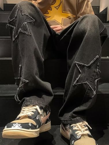 HBER Mens Y2k Star Jeans High Waisted Hip Hop Streetwear Jeans Loose Baggy Embroidery Aesthetic Harajuku Denim Pants Black - Image 5