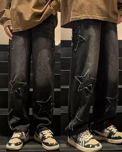 HBER Mens Y2k Star Jeans High Waisted Hip Hop Streetwear Jeans Loose Baggy Embroidery Aesthetic Harajuku Denim Pants Black - Image 3