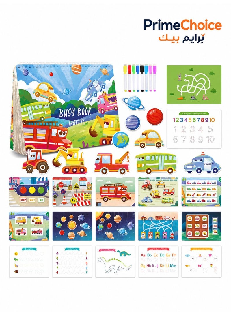 Prime Choice Traffic Theme Busy Book for Kids, Montessori Preschool Learning Activity Book with Reusable Stickers & 8 Color Markers, Transportation Educational Quiet Book for Toddlers Ages 3-6, Early Learning Travel Toy - Image 1