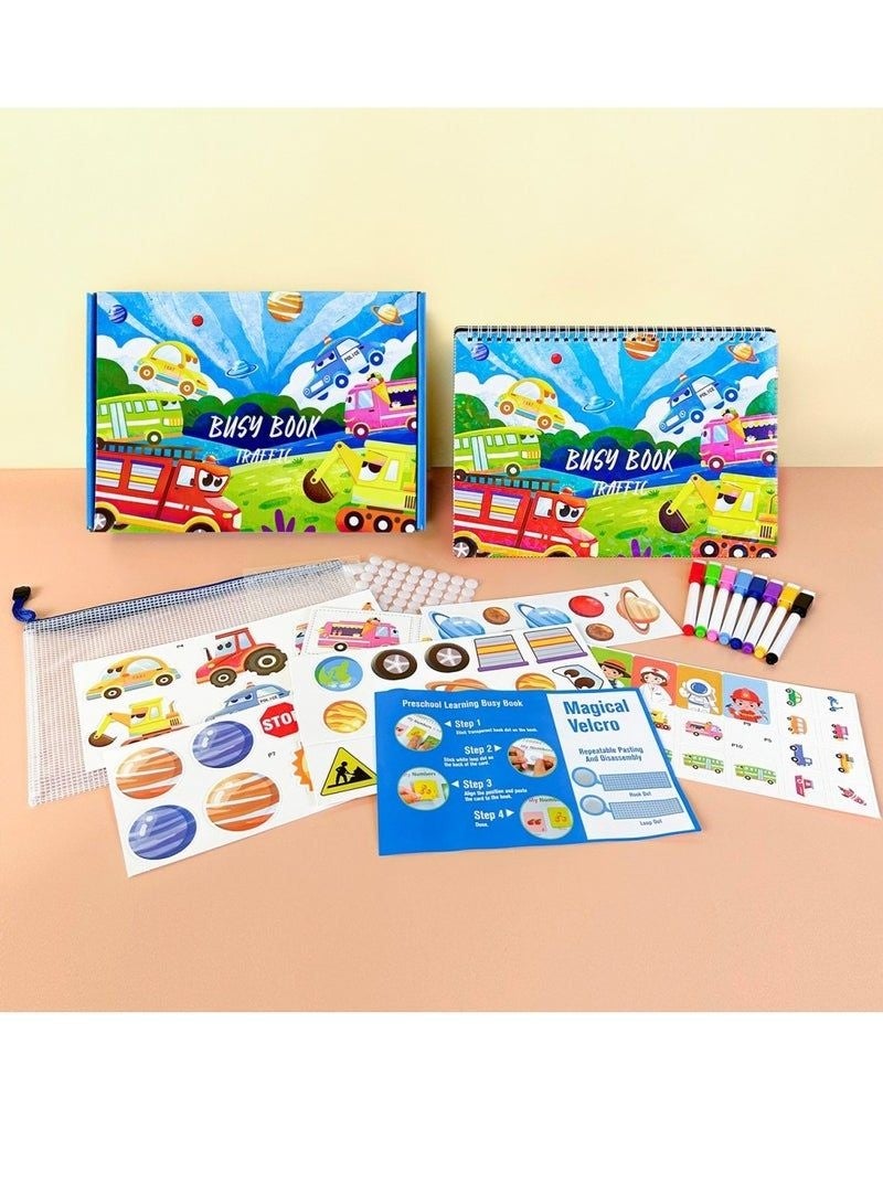 Prime Choice Traffic Theme Busy Book for Kids, Montessori Preschool Learning Activity Book with Reusable Stickers & 8 Color Markers, Transportation Educational Quiet Book for Toddlers Ages 3-6, Early Learning Travel Toy - Image 3