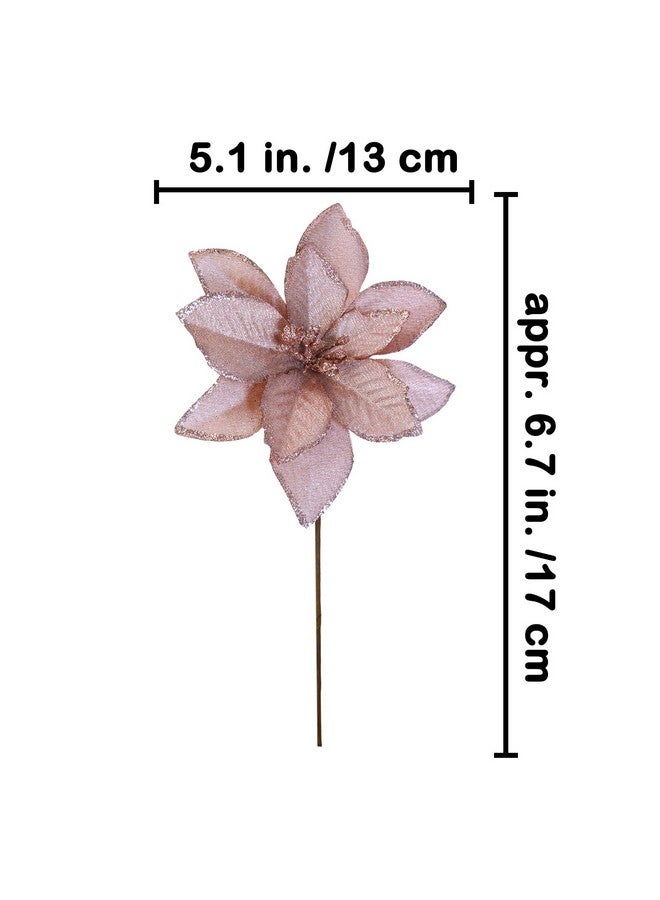 Winlyn Winlyn 24 Pcs Christmas Glittered Poinsettia Floral Picks Rose Gold Artificial Silk Poinsettia Flowers Christmas Tree Ornaments 5.1" W for Rose Gold Christmas Tree Wreath Wedding Holiday Party Décor  - Image 2