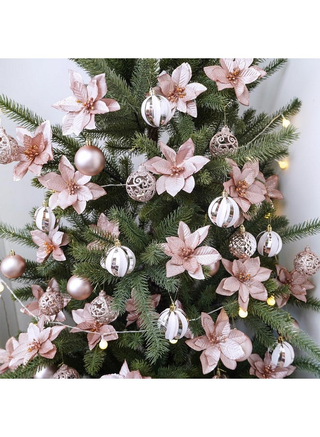 Winlyn Winlyn 24 Pcs Christmas Glittered Poinsettia Floral Picks Rose Gold Artificial Silk Poinsettia Flowers Christmas Tree Ornaments 5.1" W for Rose Gold Christmas Tree Wreath Wedding Holiday Party Décor  - Image 3