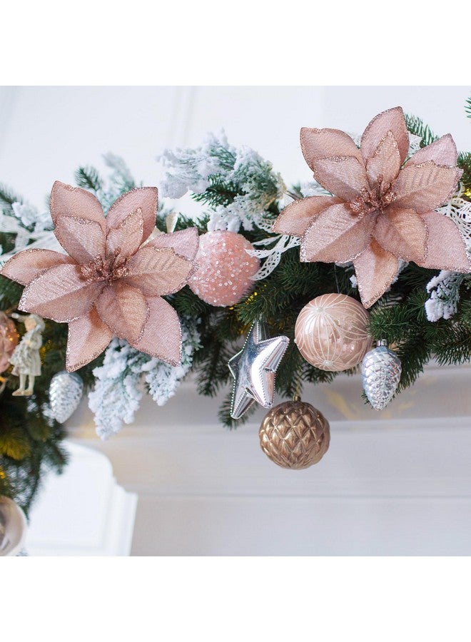 Winlyn Winlyn 24 Pcs Christmas Glittered Poinsettia Floral Picks Rose Gold Artificial Silk Poinsettia Flowers Christmas Tree Ornaments 5.1" W for Rose Gold Christmas Tree Wreath Wedding Holiday Party Décor  - Image 5