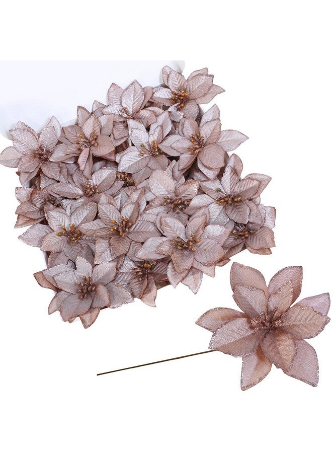 Winlyn Winlyn 24 Pcs Christmas Glittered Poinsettia Floral Picks Rose Gold Artificial Silk Poinsettia Flowers Christmas Tree Ornaments 5.1" W for Rose Gold Christmas Tree Wreath Wedding Holiday Party Décor  - Image 1