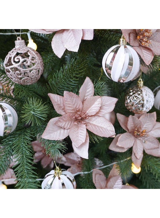 Winlyn Winlyn 24 Pcs Christmas Glittered Poinsettia Floral Picks Rose Gold Artificial Silk Poinsettia Flowers Christmas Tree Ornaments 5.1" W for Rose Gold Christmas Tree Wreath Wedding Holiday Party Décor  - Image 4