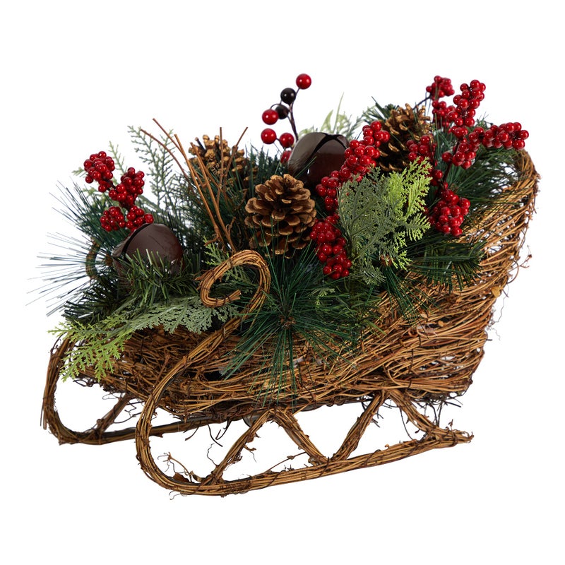 Nearly Natural 18in Christmas Sleigh with Pine Pinecones and Berries Artificial Christmas Arrangement