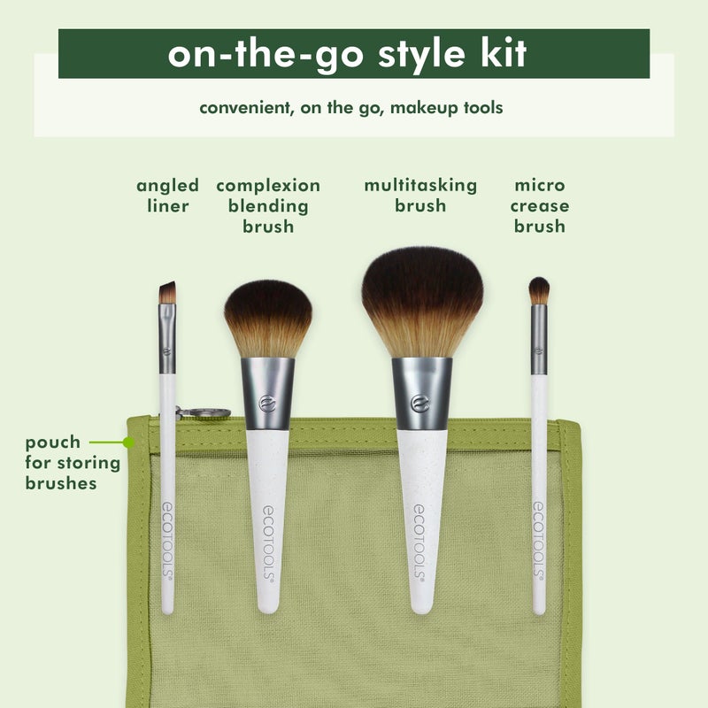 EcoTools On-The-Go Makeup Brush Kit, Travel-Friendly Brush Set, Mini-Size Makeup Tools for Powders, Blush, Bronzer, & Eyeshadows, Eco-Friendly, Synthetic Bristles, Cruelty-Free & Vegan, 5 Piece Set - Image 2