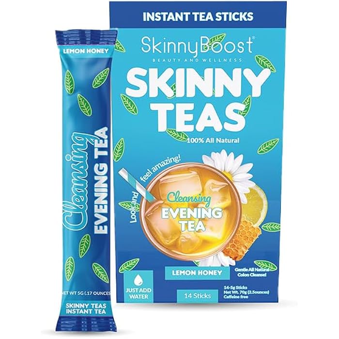 SkinnyBoost Skinny Teas Instant Tea Sticks – Cleansing Evening Tea – 14 Ct – Herbal Detox Blend with Colon and Body Cleansing Herbs – All Natural Gentle Cleanse, Reduce Bloat (Lemon Honey) - Image 1