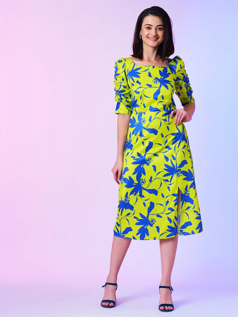 globus Globus Women Green Floral Printed Square Neck Smocked Ruched Sleeves Satin Sheath Midi Dress