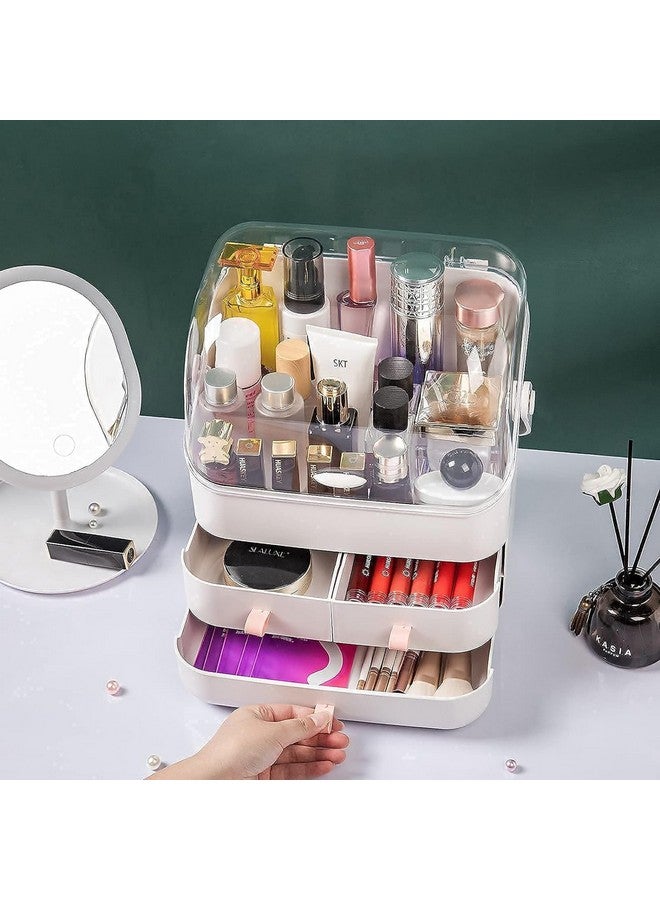 PUSHKH Cosmetic Organizer Waterproof & Dustproof Cosmetics Storage Box Fully Open Lid Makeup Organizer Display Box for Bathroom Countertop Dresser Multi-function Organizer, White - Image 2