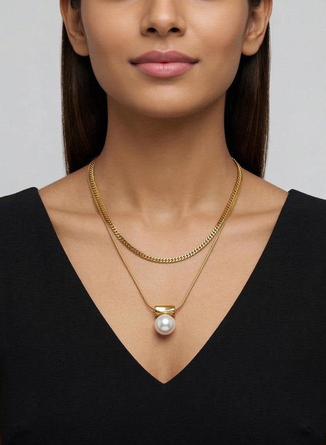 Dbell Anti Tarnish Double Layer Pearl Necklace for Women | Premium Stainless Steel Gold Plated Chain | Waterproof Jewellery | Elegant Pendant Necklace - Image 4