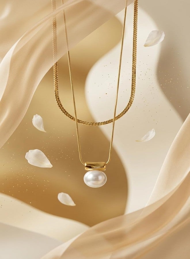 Dbell Anti Tarnish Double Layer Pearl Necklace for Women | Premium Stainless Steel Gold Plated Chain | Waterproof Jewellery | Elegant Pendant Necklace - Image 2