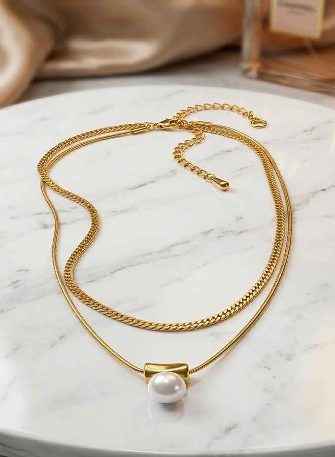 Dbell Anti Tarnish Double Layer Pearl Necklace for Women | Premium Stainless Steel Gold Plated Chain | Waterproof Jewellery | Elegant Pendant Necklace - Image 3