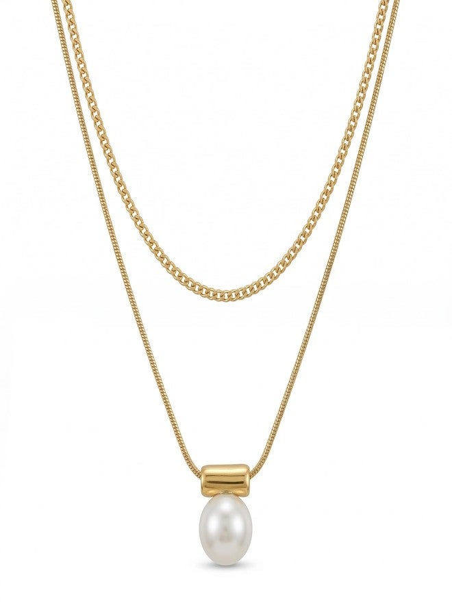 Dbell Anti Tarnish Double Layer Pearl Necklace for Women | Premium Stainless Steel Gold Plated Chain | Waterproof Jewellery | Elegant Pendant Necklace - Image 1