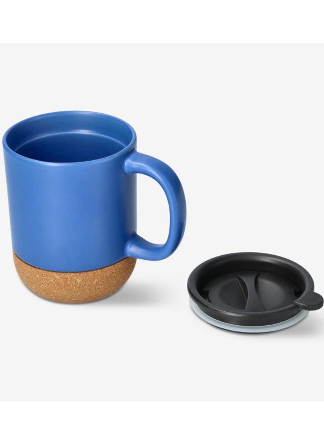 Dark Blue Ceramic Coffee Mug with Cork Bottom and Splash-Proof Black Lid - Image 4