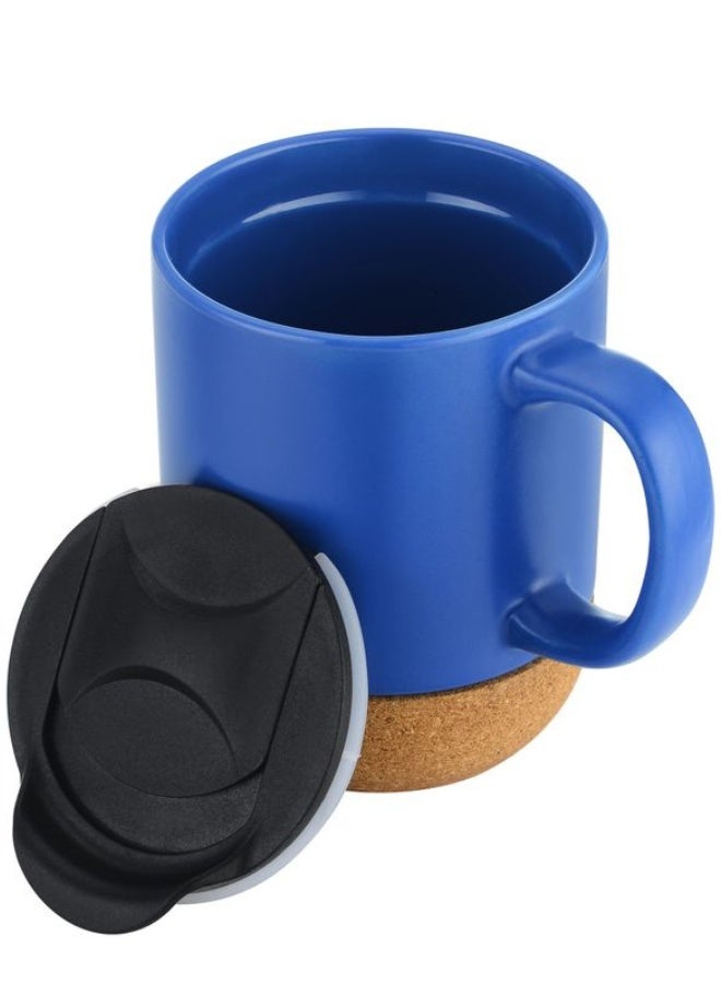 Dark Blue Ceramic Coffee Mug with Cork Bottom and Splash-Proof Black Lid - Image 1