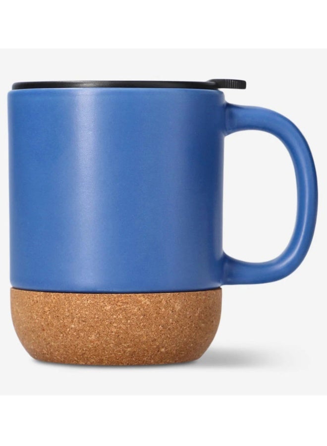 Dark Blue Ceramic Coffee Mug with Cork Bottom and Splash-Proof Black Lid - Image 3