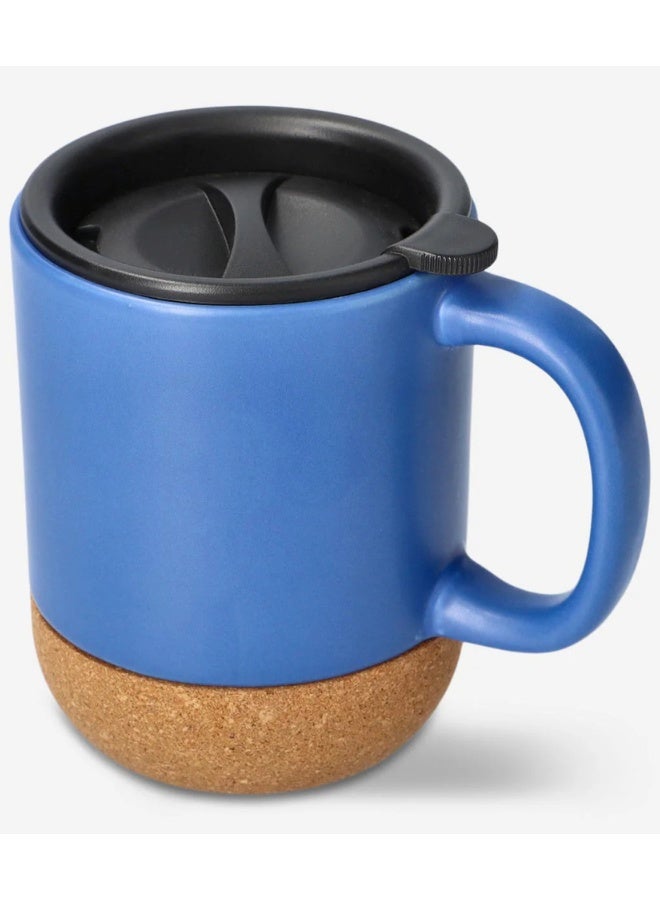 Dark Blue Ceramic Coffee Mug with Cork Bottom and Splash-Proof Black Lid - Image 2