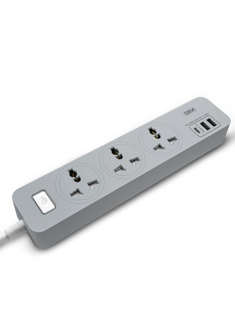GM GM Cuba 3341 Power Strip with USB TypeC I Extension Cord with Surge Protection I Spike Guard I Fireproof Body Upto 750 Degree I 18M Cord I 34A Max Power Output I 3 International Sockets  - Image 1